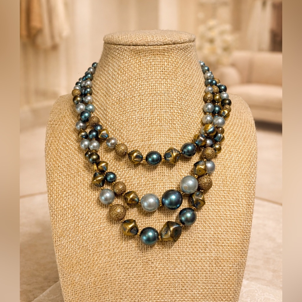 Vintage JAPAN Triple Strand Faux Pearl Necklace Teal Blue Mid Century 1950s 12"